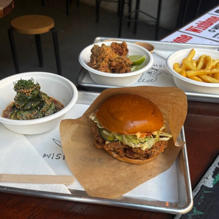 Japanese karaage fried chicken sandwich, chicken pieces and fries at Wishbone, near the Elevador da Bica in Lisbon